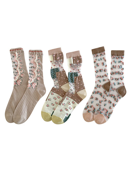 Lot de 3 paires de chaussettes fines à motif floral artistique pour femme FD037