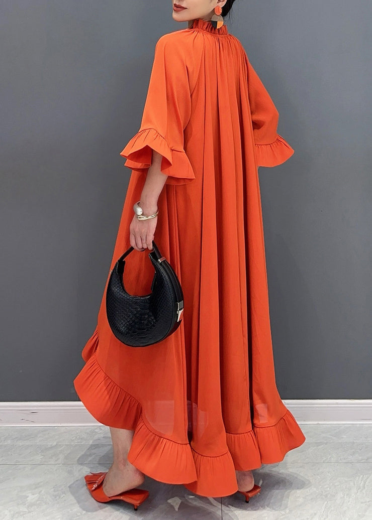 Art Orange V Neck Vacation Long Dresses Flare Sleeve AO1046