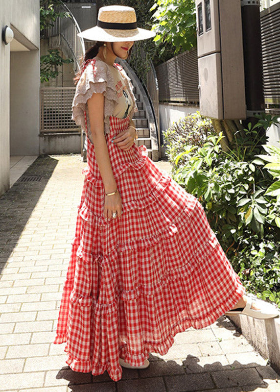 Hals Plaid Ärmellose Taste Stilvolle Kleider Layered Rot Slash 
