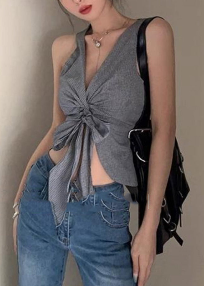 Sexy Grey V Neck Tie Waist Vest Summer AN1028