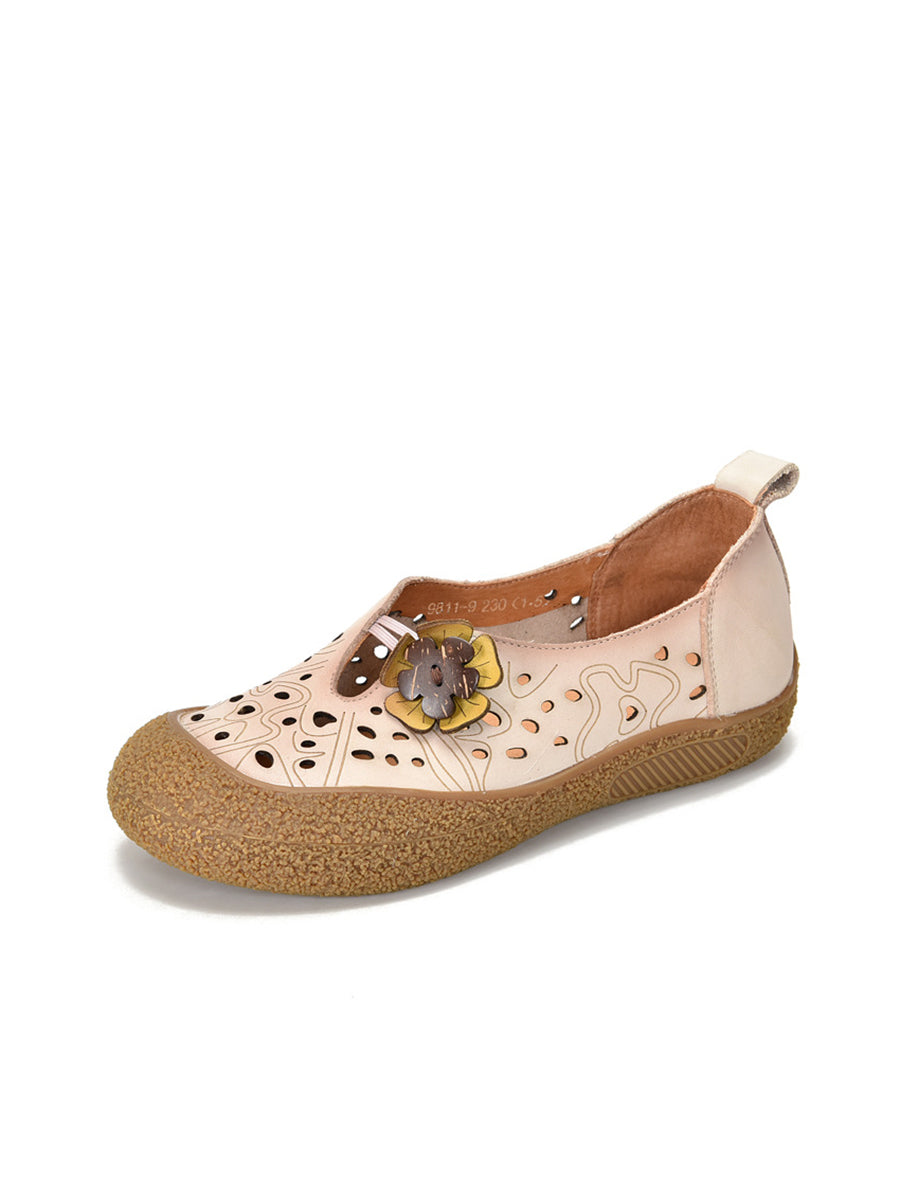 Leather Fashion Shoes Hollow Women Out Flower Flat