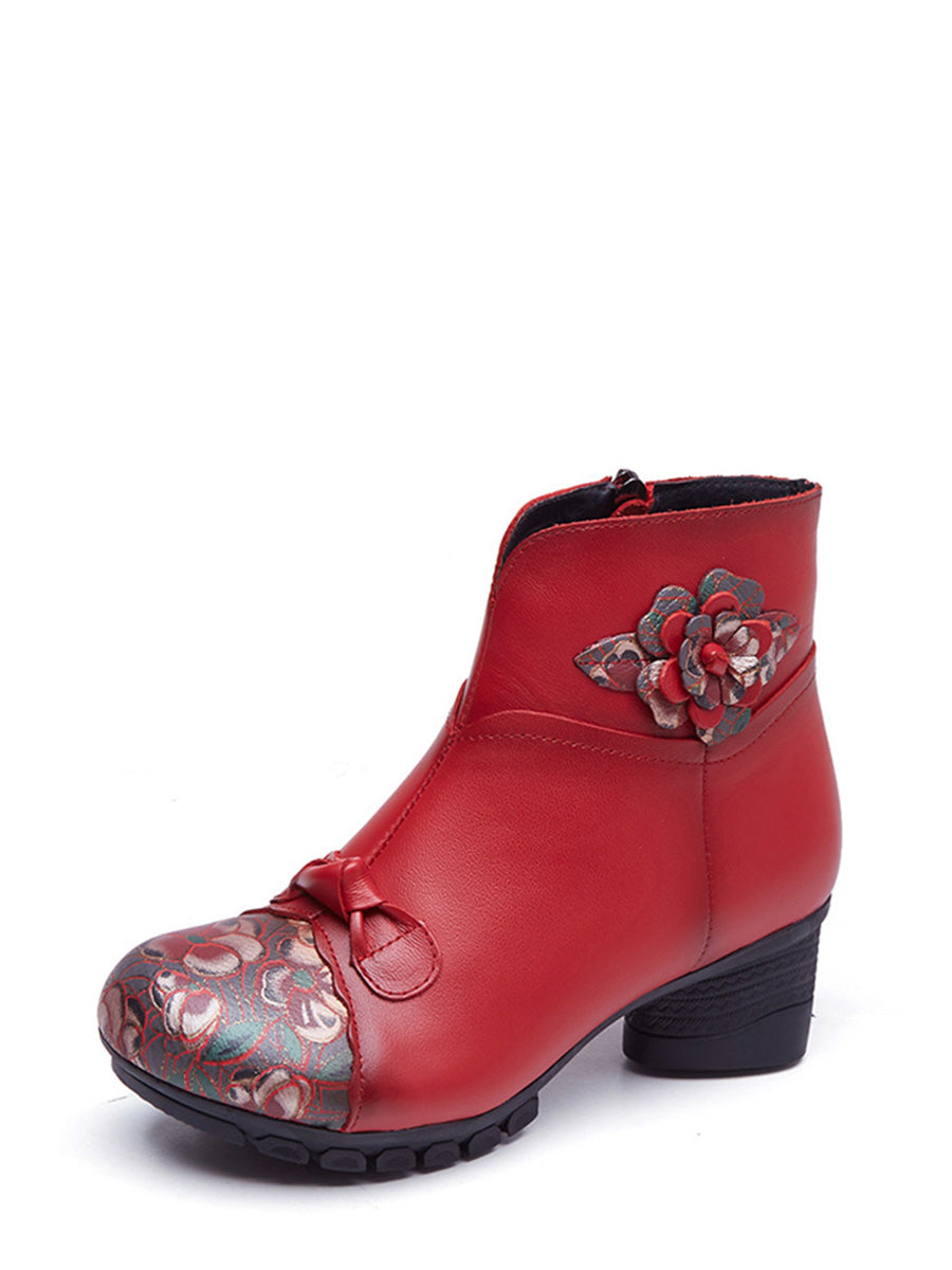 Damen Ethnische Herbst Blume Gespleißt Leder Mid-Heel Stiefel AI1019