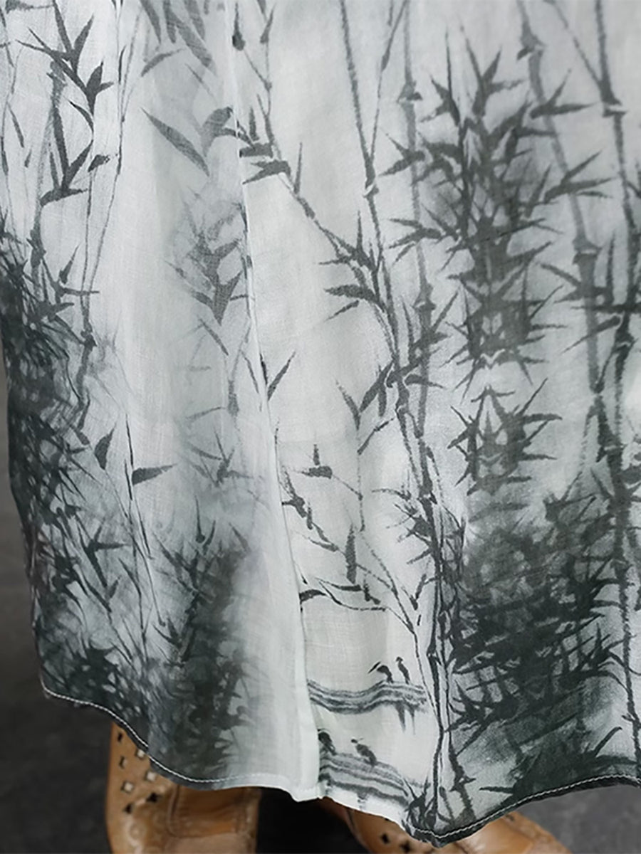 Sommerkleid aus Ramie mit Bambus-Print für Damen in Übergröße, SC1029