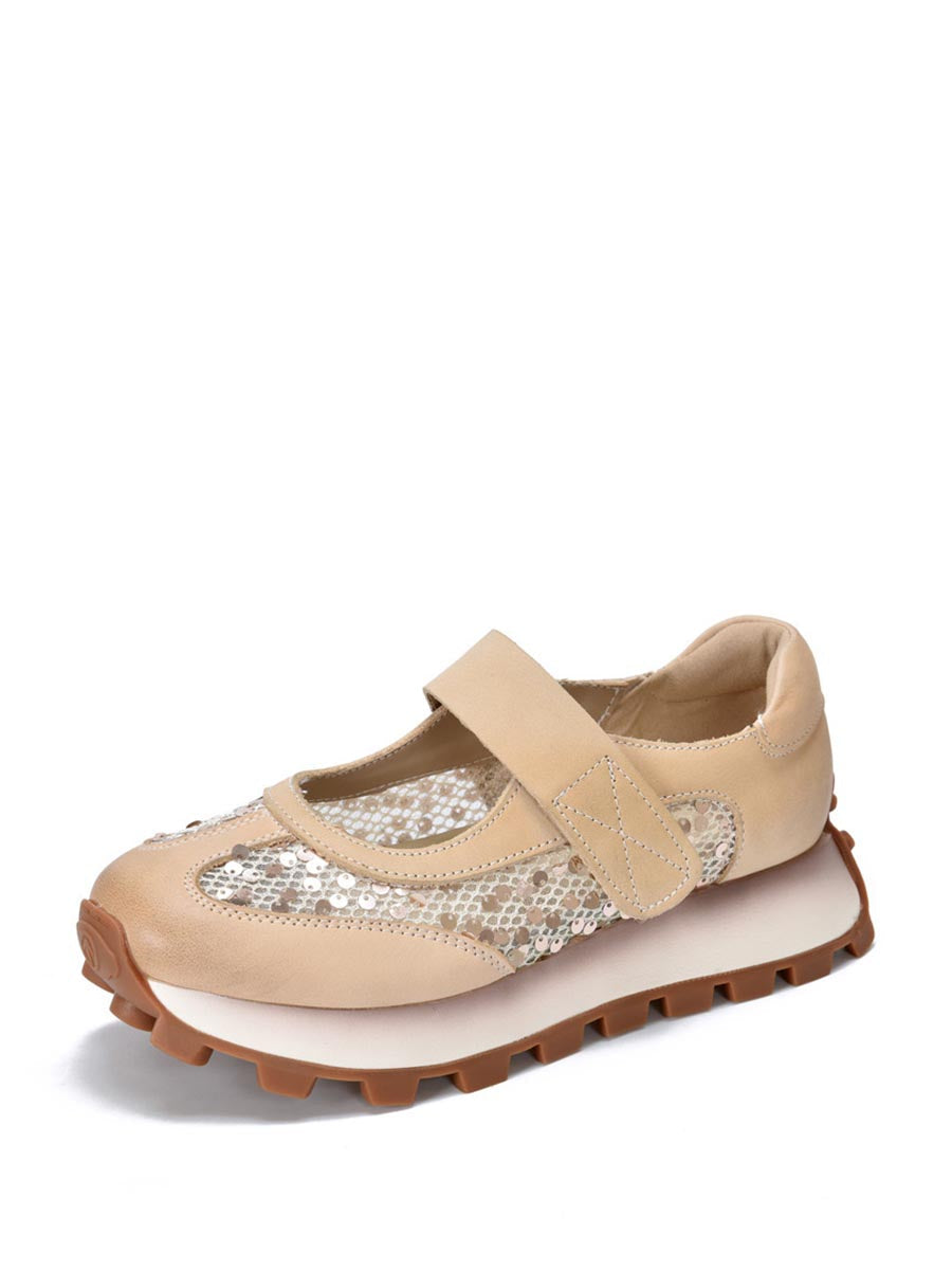 Damen Sommer Leder Gespleißt Mesh Pailletten Plateau Schuhe XX1022