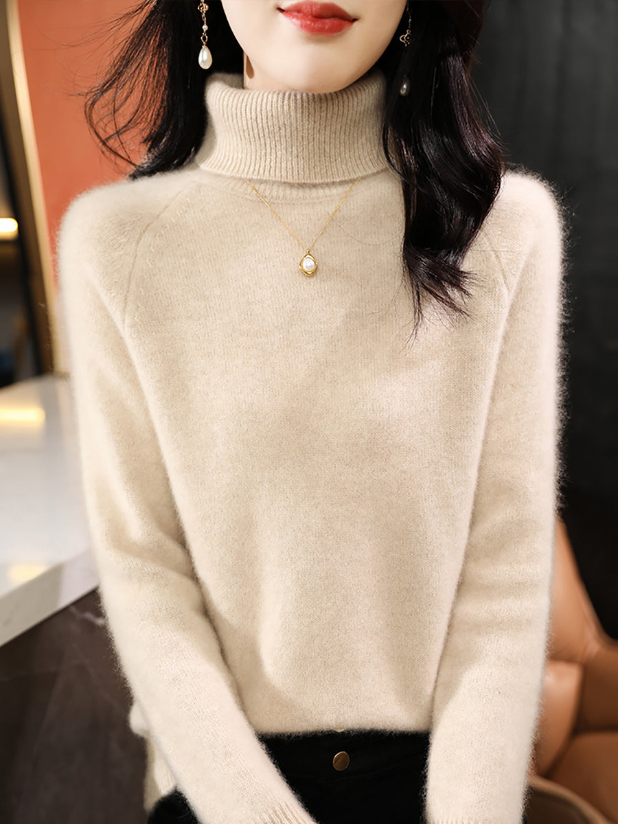 Women Autumn Solid Knit 100%Wool Turtleneck Sweater QM031