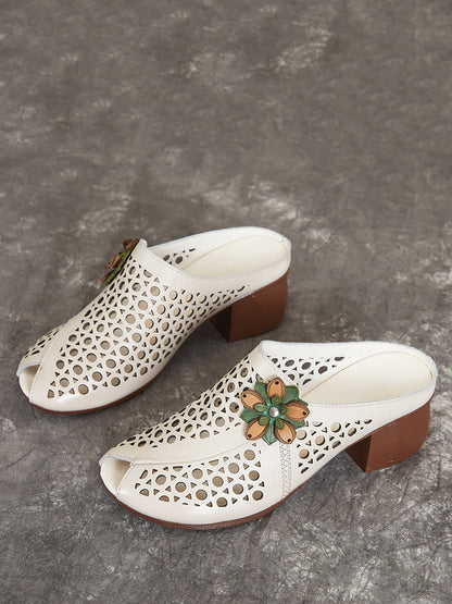 Sandales d'été en cuir artistique pour femmes avec découpes et fleurs épissées OP1048