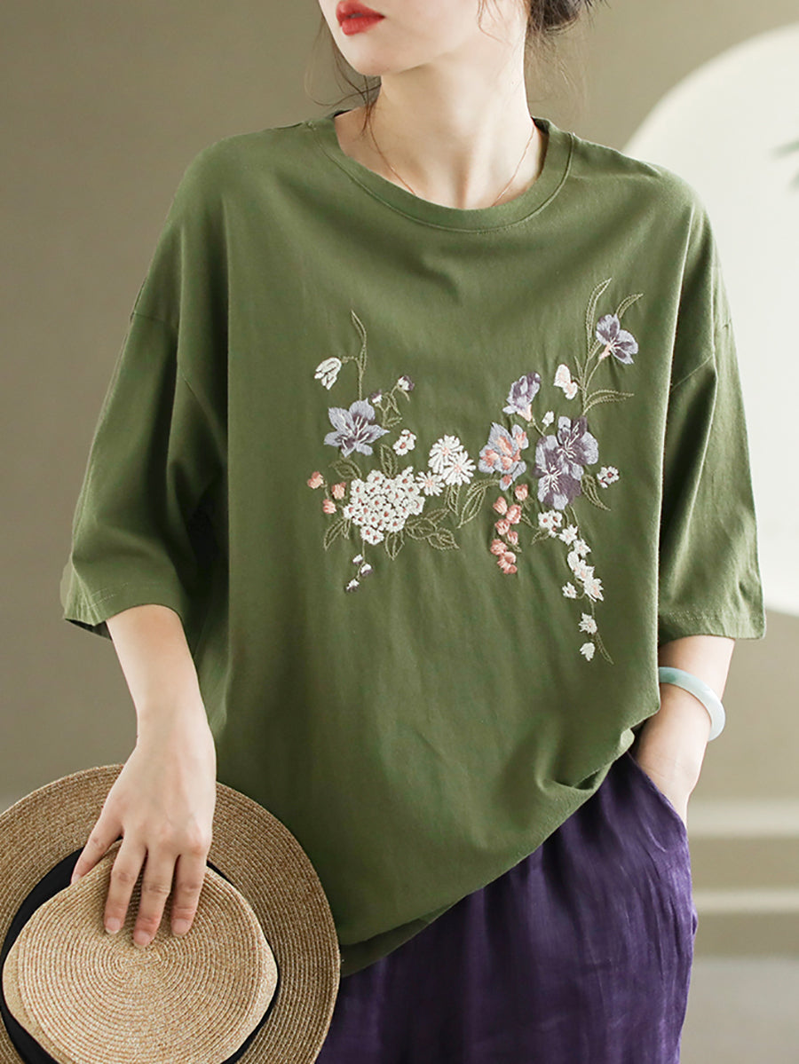 Women Summer Flower Embroidery Cotton O-Neck Shirt AS1007