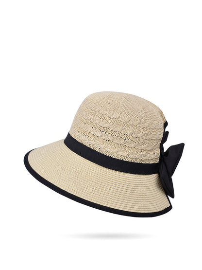 Chapeau de soleil décontracté en paille tissée avec nœud papillon pour femme CC038 