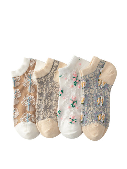 Lot de 4 paires de chaussettes d'été en jacquard à fleurs artistiques pour femmes AS1009