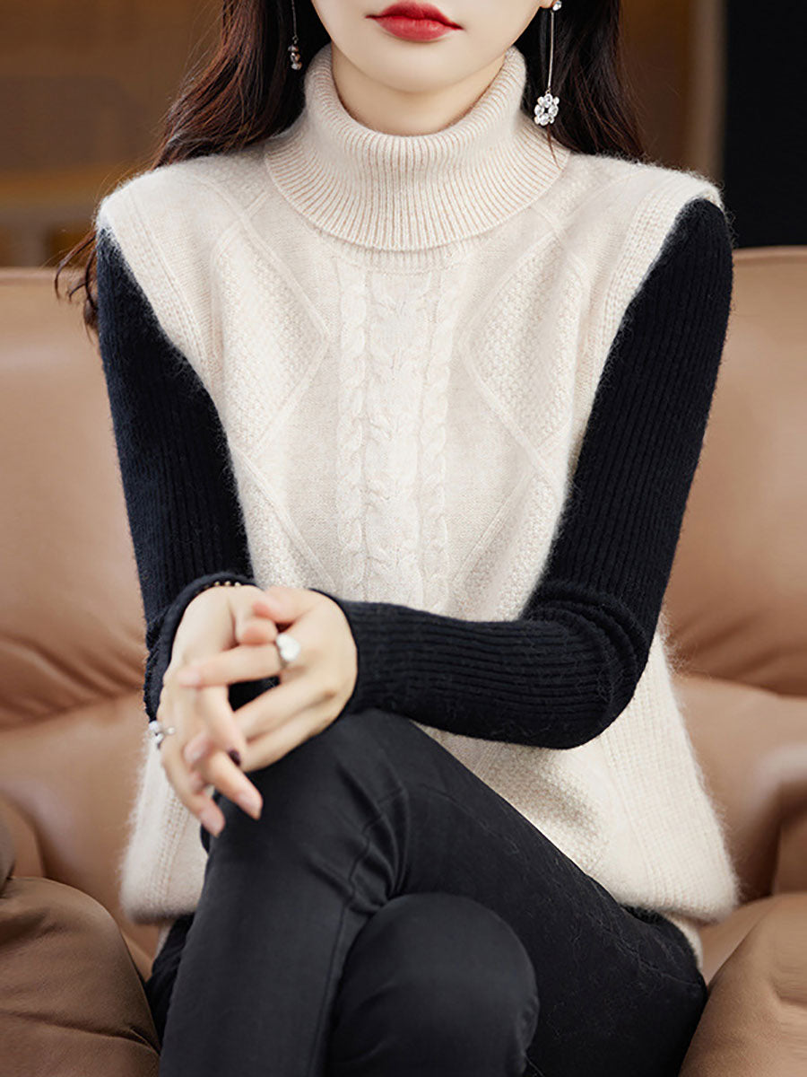 Women Casual Wool Turtleneck Twist Knit Vest AV1033