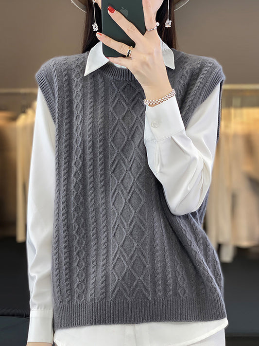 Women Casual Wool O-Neck Twist Knit Vest QU007