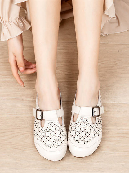 Heel Hollow Out Genuine Low Leather Women Shoes Vintage