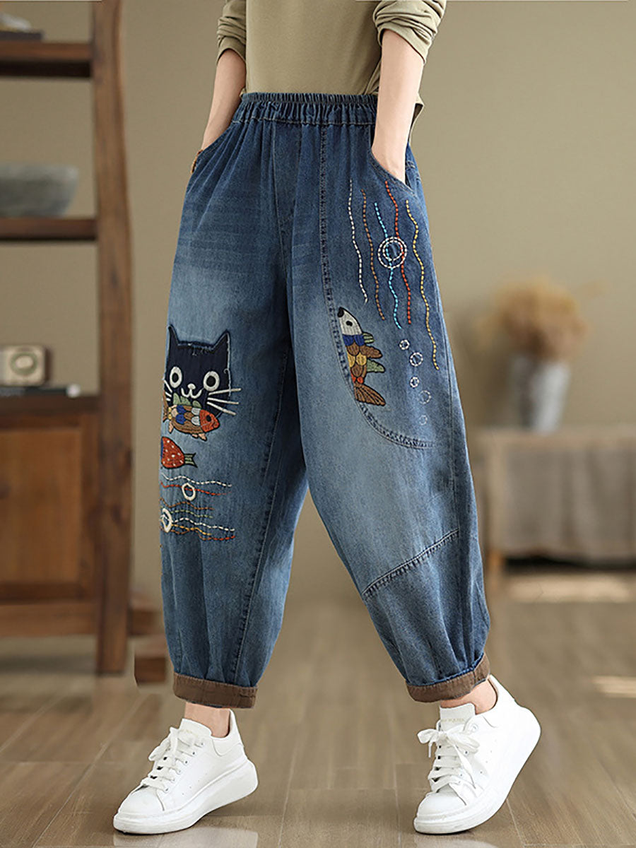 Women Autumn Casual Cat Patch Spliced Denim Harem Pants AV1004