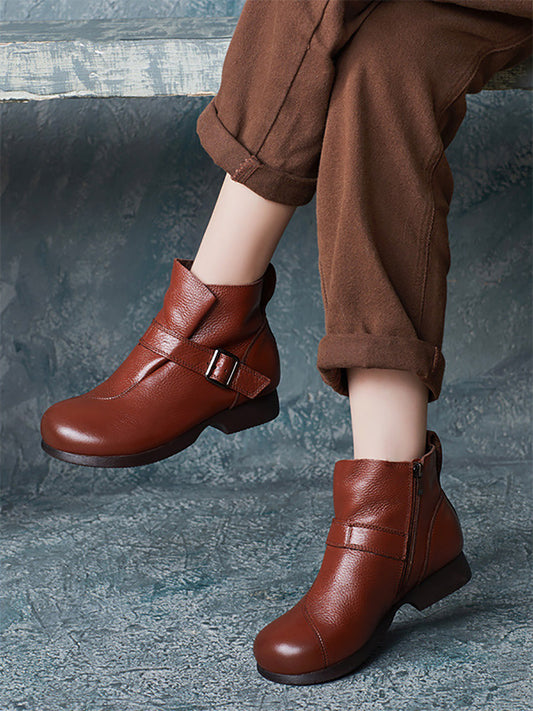 Women Vintage Autumn Soft Leather Buckle Low Heel Boots BA1053