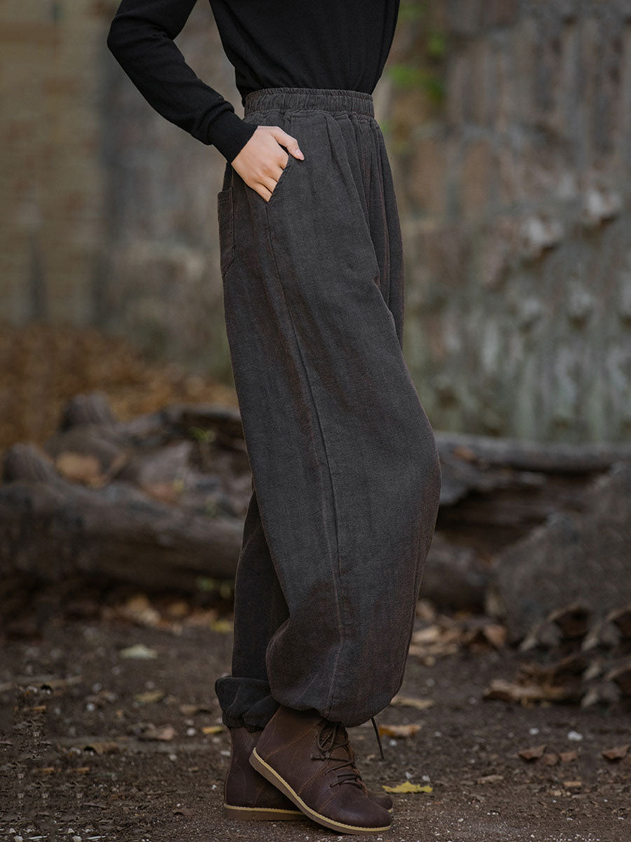 Women Vintage Autumn Solid Loose Ramie Cuffed Pants AT1013