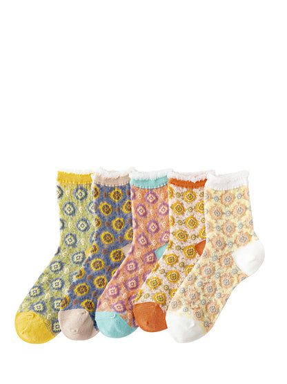 Lot de 5 paires de chaussettes en dentelle jacquard fleuri pour femme AS1010