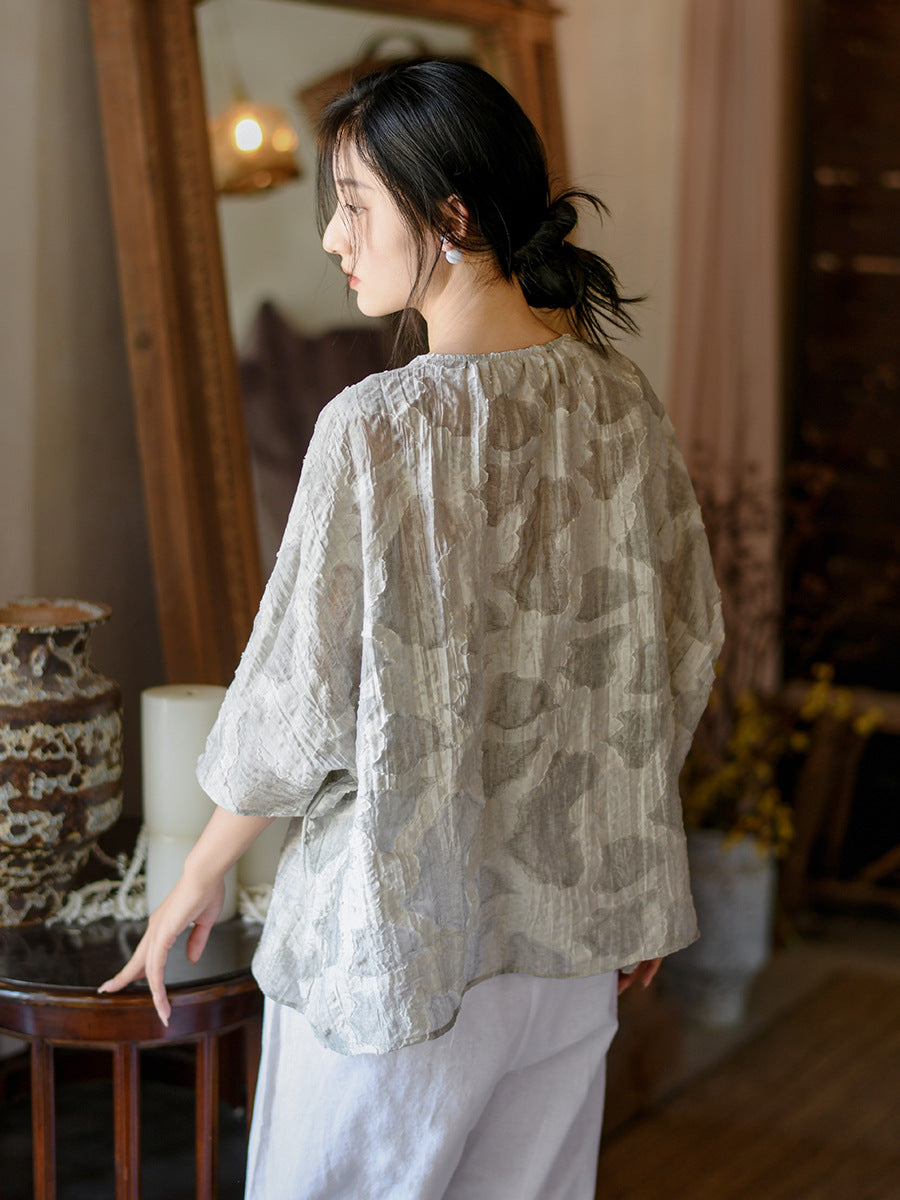 Women Summer Vintage Print O-Neck Button Loose Shirt II1009