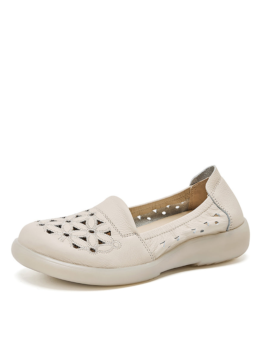 Chaussures mi-hautes en cuir à fleurs pour femmes, talon souple, été