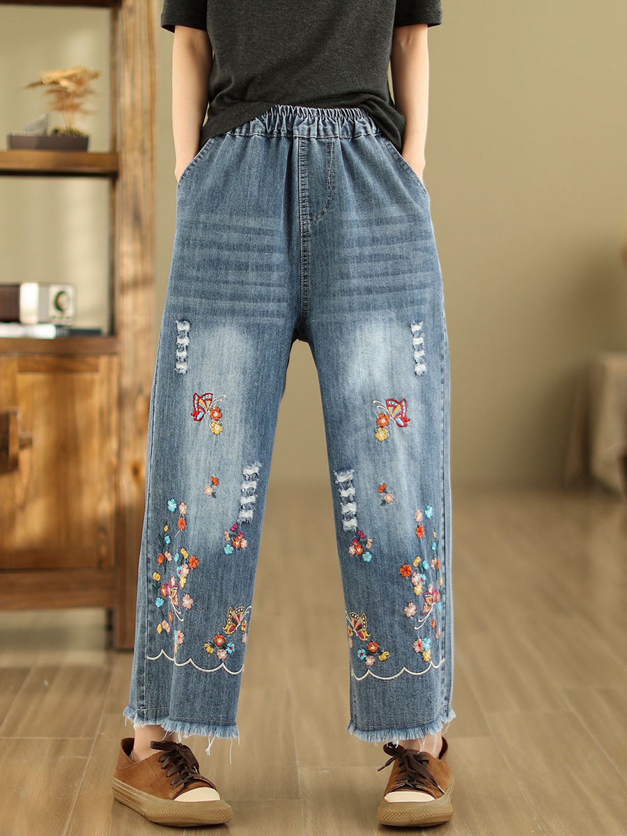 Frauen Sommer Retro Stickerei Ausgefranste Gerade Denim Hosen AS1042