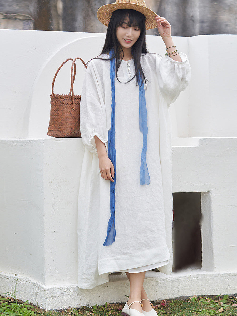 Women Summer Vintage Solid Loose Linen Dress ZZ1037