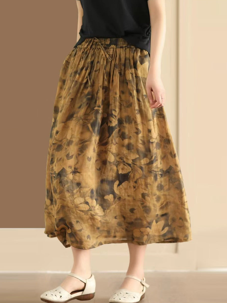 Women Vintage Summer Flower Ramie Loose Skirt QW1006