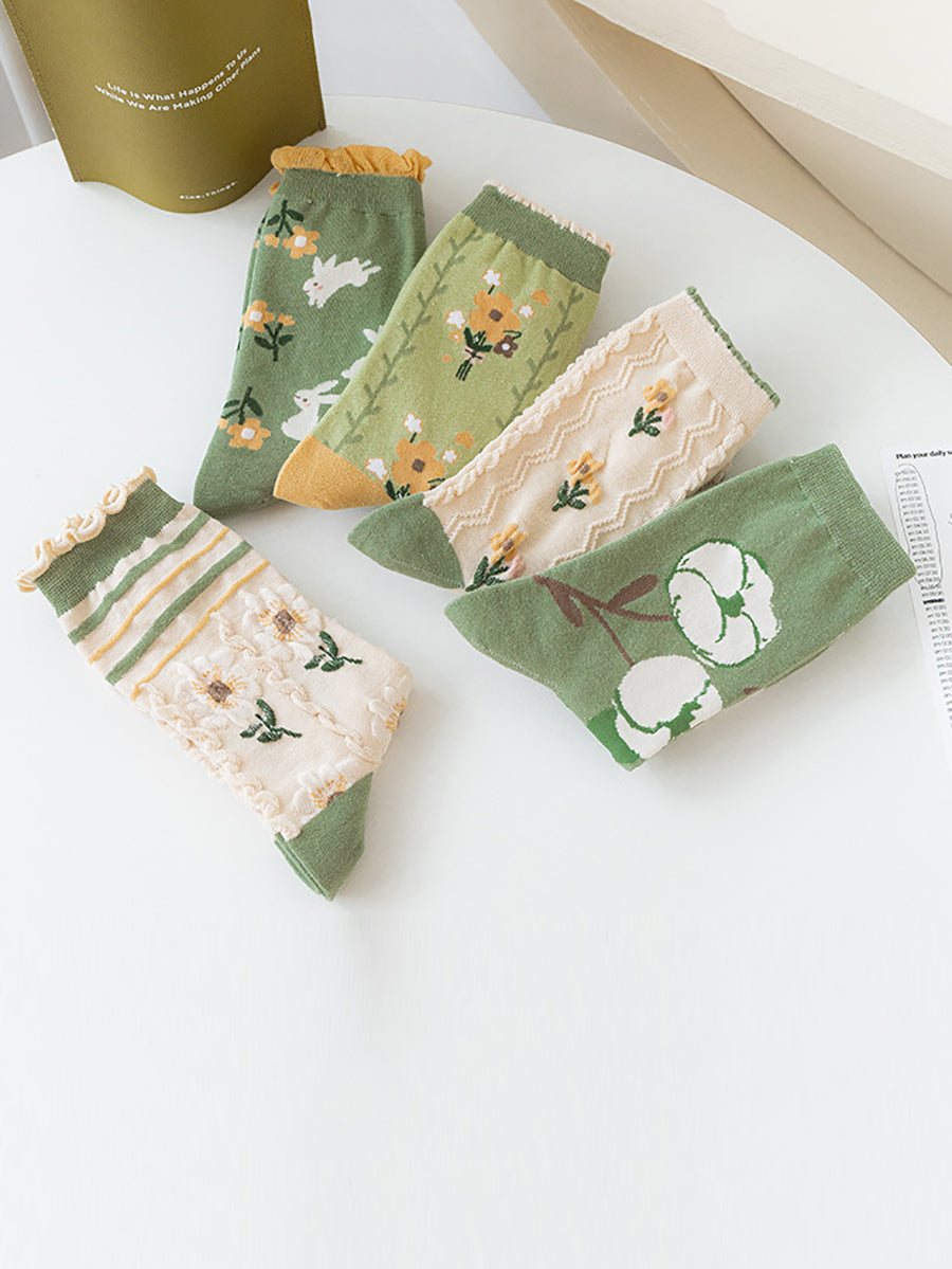 5 Pairs Women Artsy Flower Green Mid-Calf Socks IO1011