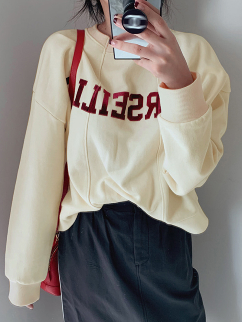 Street Loose Apricot O-Ausschnitt Buchstabendruck Langarm Sweatshirt TW003 