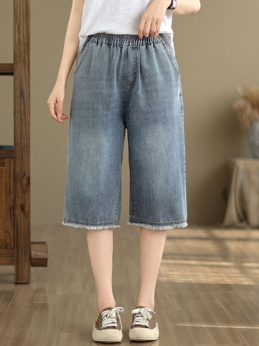 Women Summer Embroidery Knee-Length Denim Pants IO1023