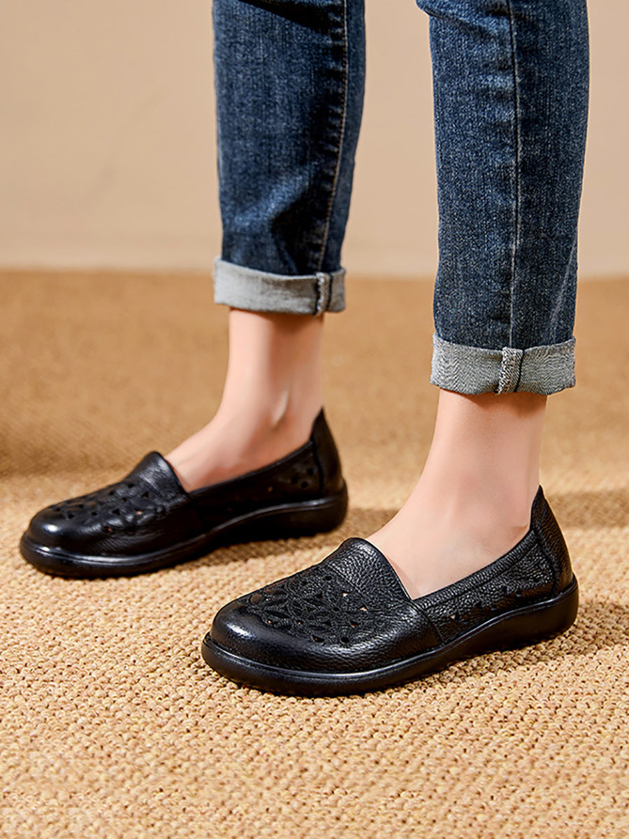 Chaussures mi-hautes en cuir à fleurs pour femmes, talon souple, été