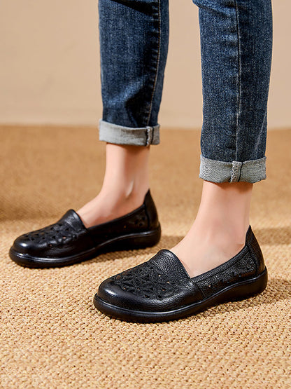 Chaussures mi-hautes en cuir à fleurs pour femmes, talon souple, été