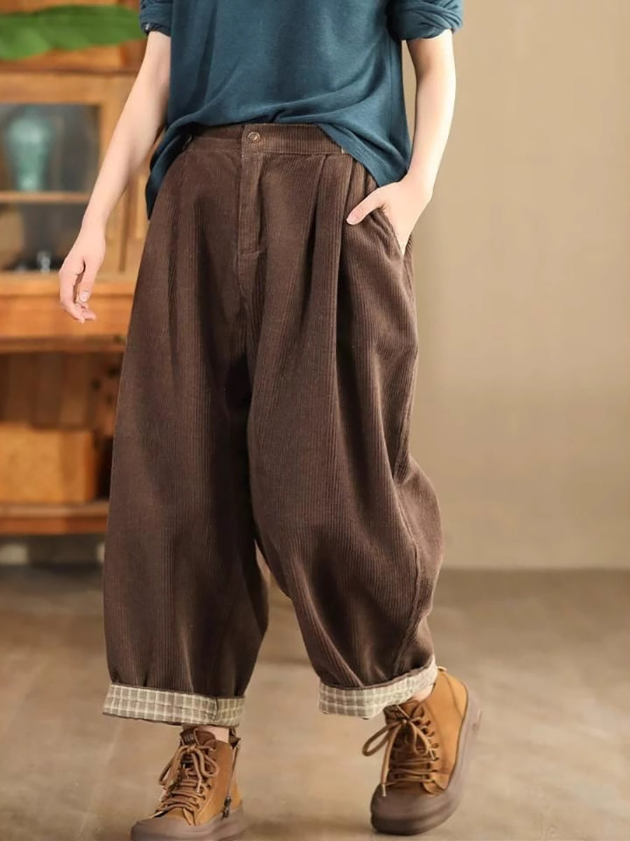 Women Autumn Vintage Solid Corduroy Harem Pants QU026