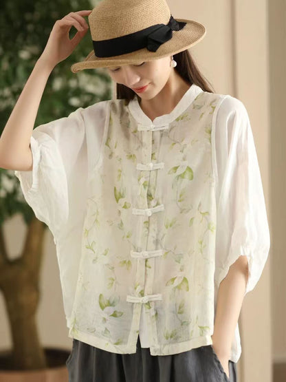 Chemise d'été boutonnée en ramie à fleurs vintage pour femme FD042