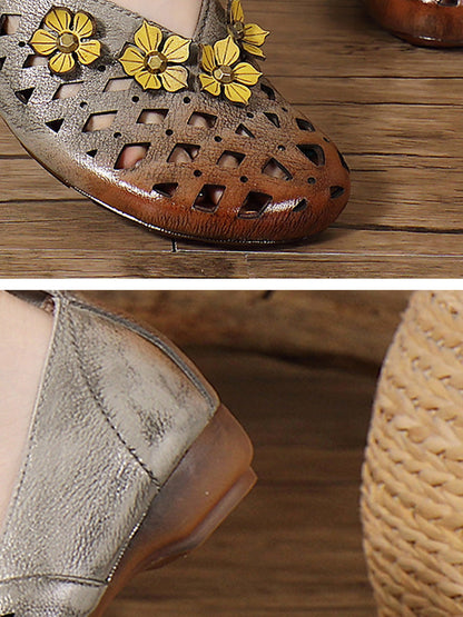 Chaussures basses creuses à talons fleuris en cuir pour femmes, style ethnique