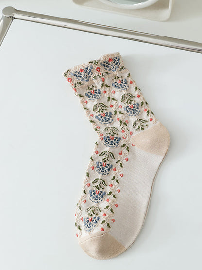 Lot de 5 paires de chaussettes en coton jacquard floral artistique pour femmes AS1030