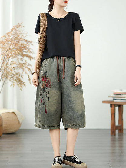 Pantalon droit en denim brodé pour femme, style rétro floral 