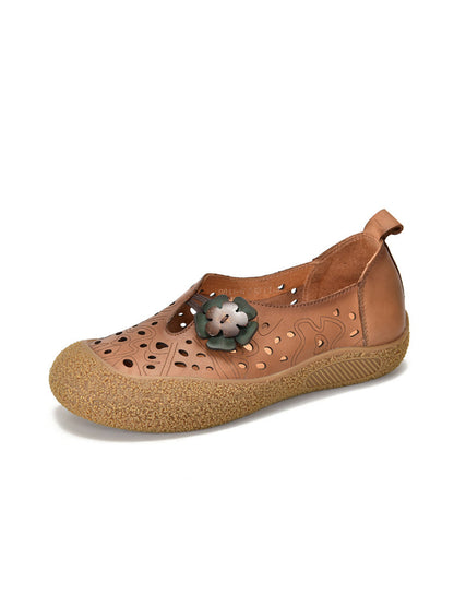 Leather Fashion Shoes Hollow Women Out Flower Flat
