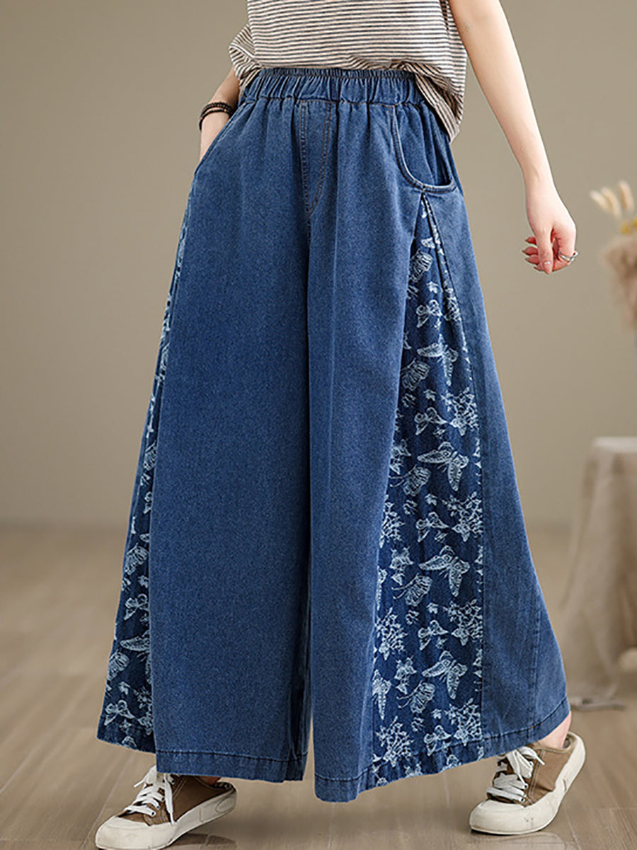 Women Vintage Summer Butterfly Spliced Wide-leg Denim Pants KL1037