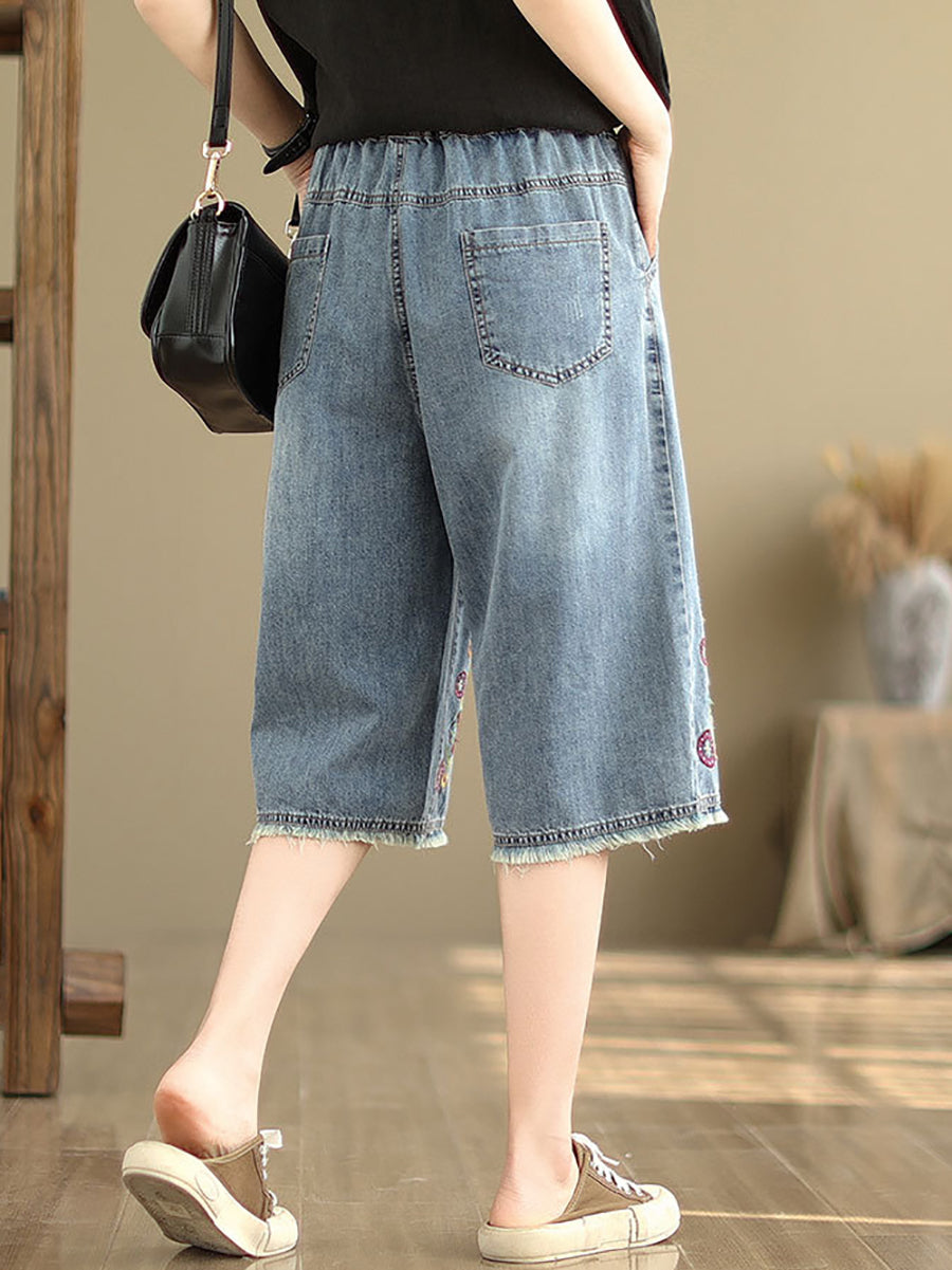 Women Summer Embroidery Knee-Length Denim Pants IO1023