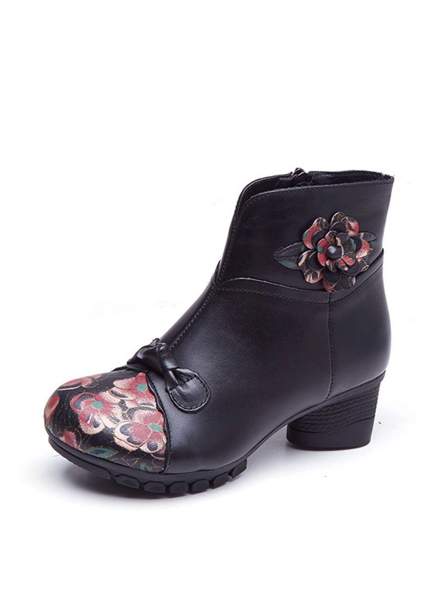 Damen Ethnische Herbst Blume Gespleißt Leder Mid-Heel Stiefel AI1019