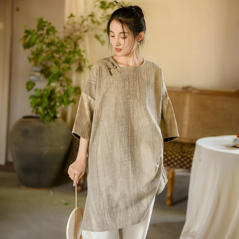 Women Summer Vintage Solid Loose Linen Short Dress II1008