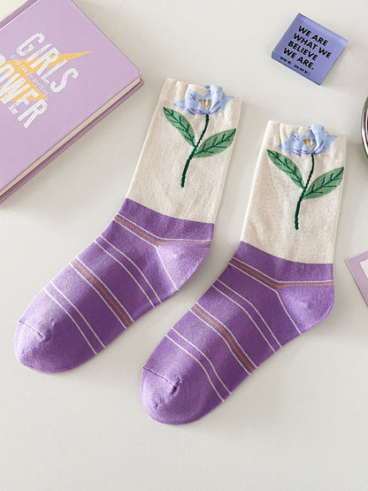 Lot de 5 paires de chaussettes en coton à motif floral artistique pour femme IO1012