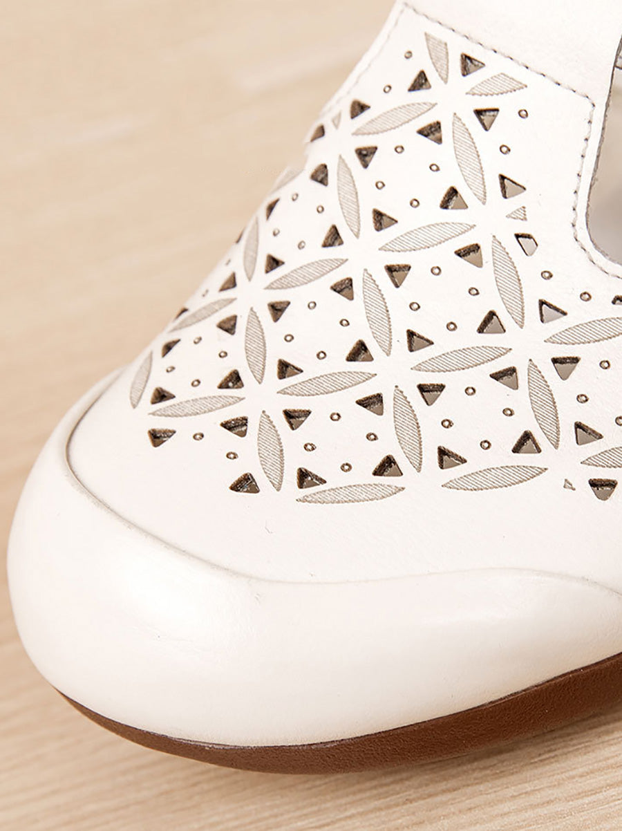 Heel Hollow Out Genuine Low Leather Women Shoes Vintage