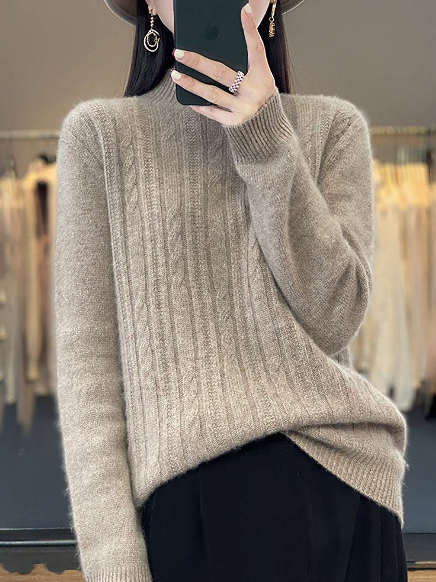 Women Autumn Solid Cable Knit 100%Wool Half Turtleneck Sweater QN027