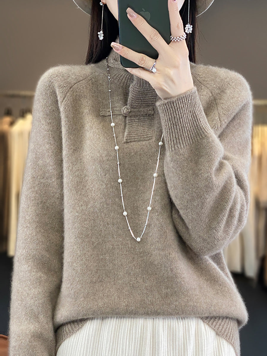 Women Autumn Vintage Half-Turtleneck 100%Wool Buckle Sweater BA1040