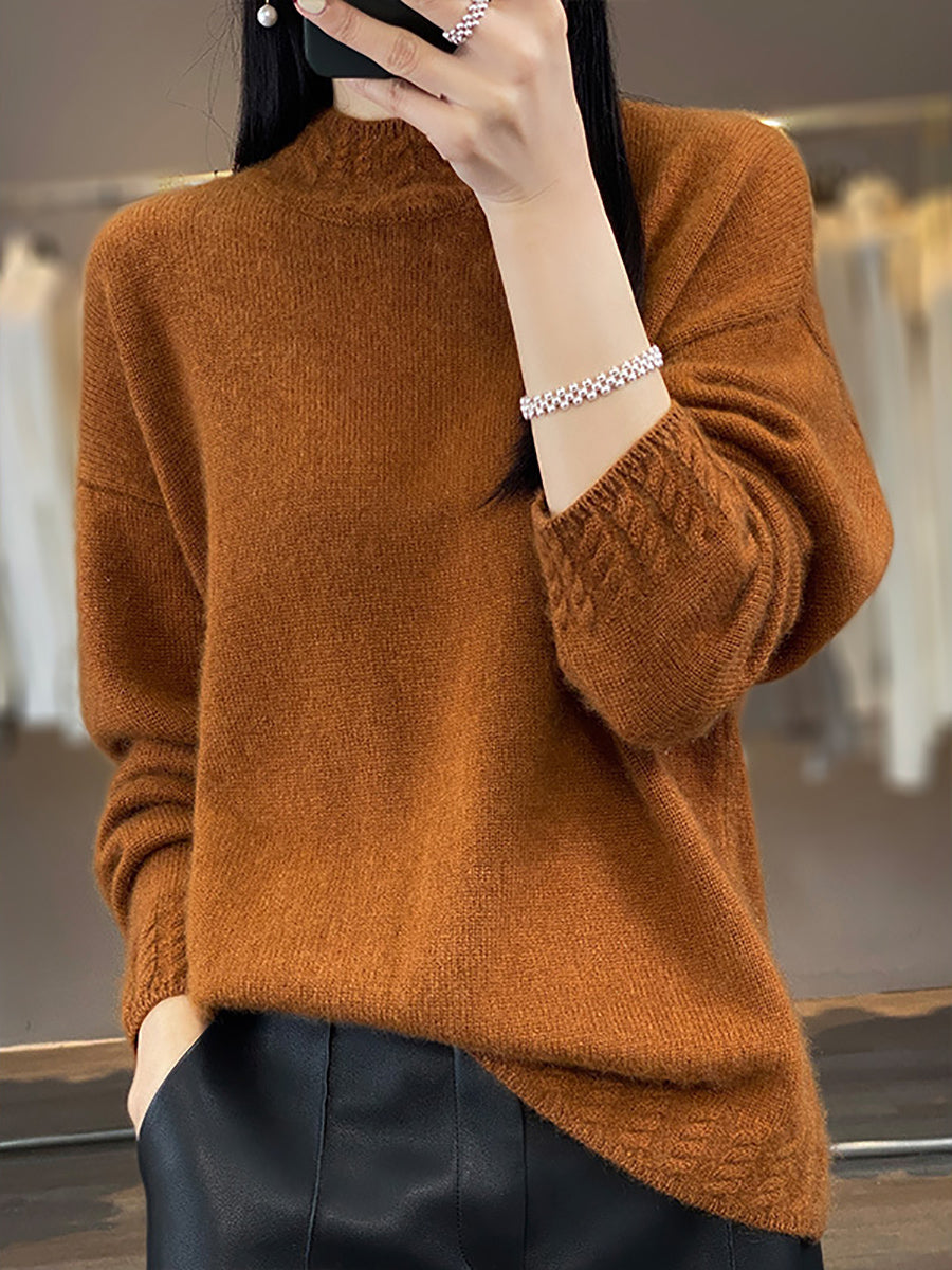 Women Autumn Half-Turtleneck Knit 100%Wool Sweater QU010