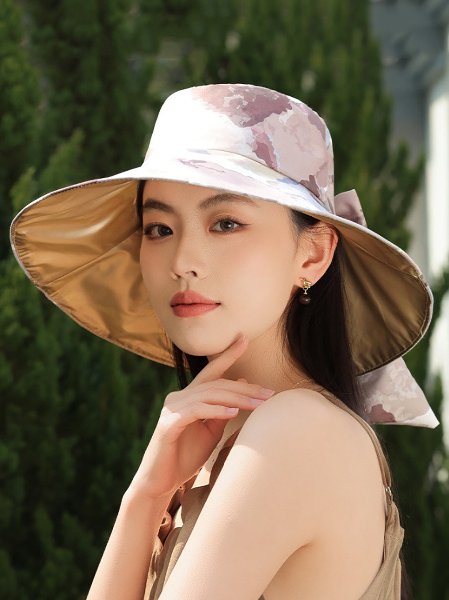 Sonnenfester Hut mit Schleife im Farbblockdesign für Damen