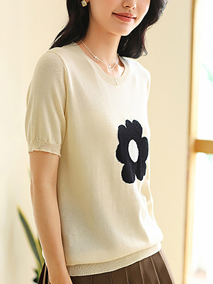 Women Summer Casual Flower Knitted Shirt KL1038