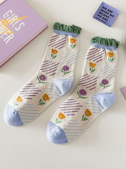 Lot de 5 paires de chaussettes en coton à motif floral artistique pour femme IO1012