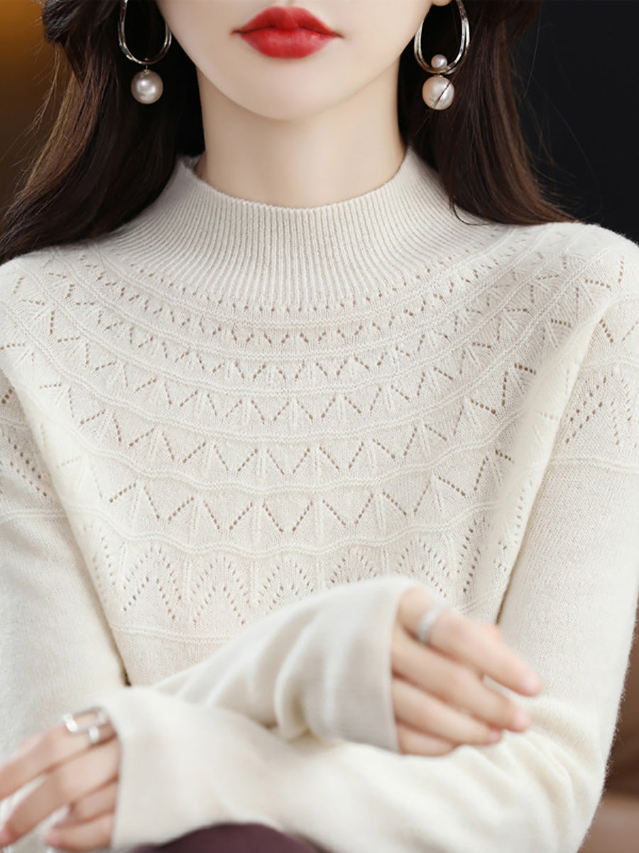 Women Autumn Solid Cable Knit 100%Wool Half Turtleneck Sweater QN017