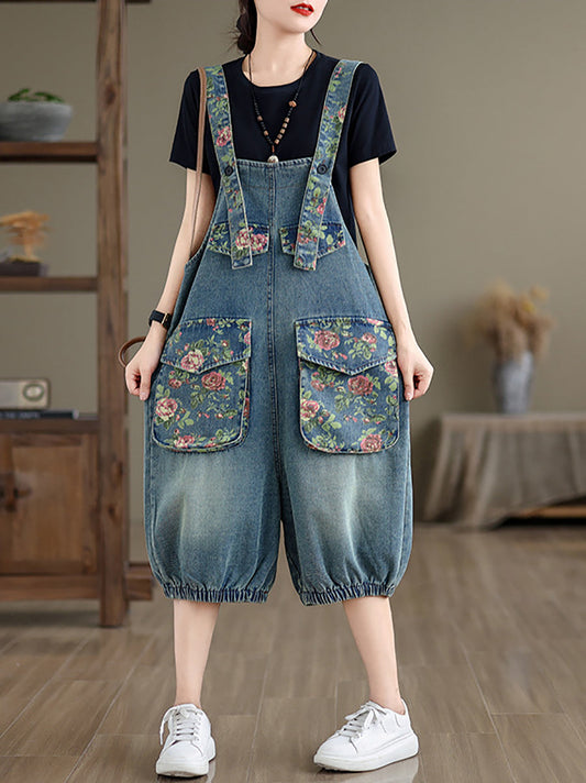 Damen Sommer Retro Blumen Gespleißt Denim Overalls BN1030